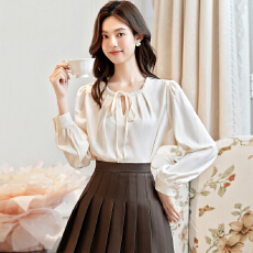 批发春秋新款长袖缎面气质衬衫女高级感轻奢减龄洋气钉珠系带ol衬衣