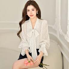 批发2026新款法式复古飘带衬衫上衣女气质通勤设计感宽松长袖<b class='q'>雪纺衫</b>