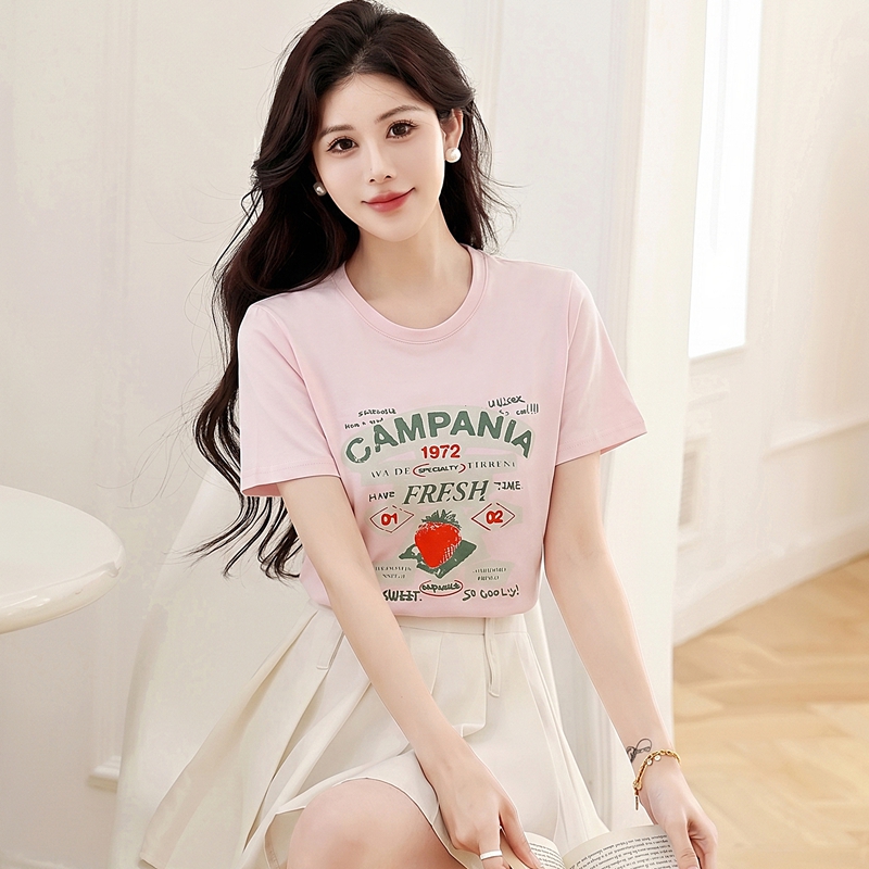 아메리칸 연인 레트로 딸기 프린트 반팔 티셔츠 여성 2026 여름 새로운 루즈핏 긍정적 인 어깨 의류 여성