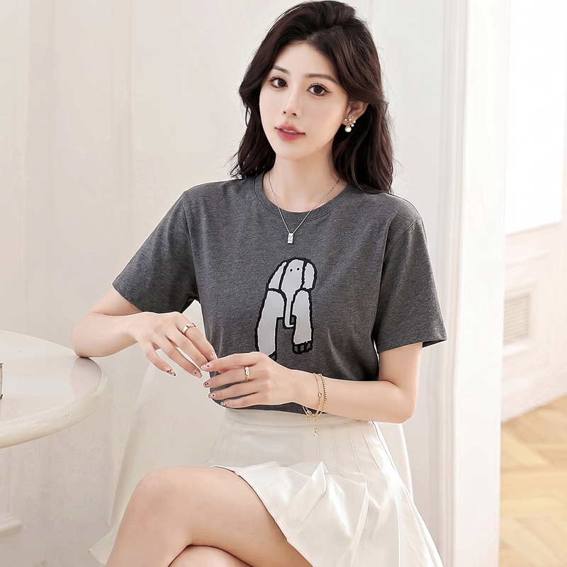 루즈핏 반팔 티셔츠 여성 2026 새로운 여름 코끼리 프린트 라운드 넥 슬림해 보이는 캐주얼 맨위