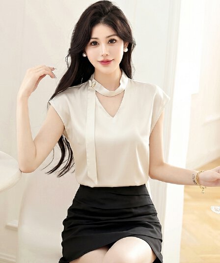 프랑스식 품격 고급 센스 행침 목 리본 가을 어깨 반팔 여성 셔츠 여름 섹션 새틴 경력 출퇴근 맨위