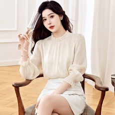批发木耳边立领雪纺衬衫女2026秋长袖通勤衬衣流光肌理感珍珠钉珠上衣