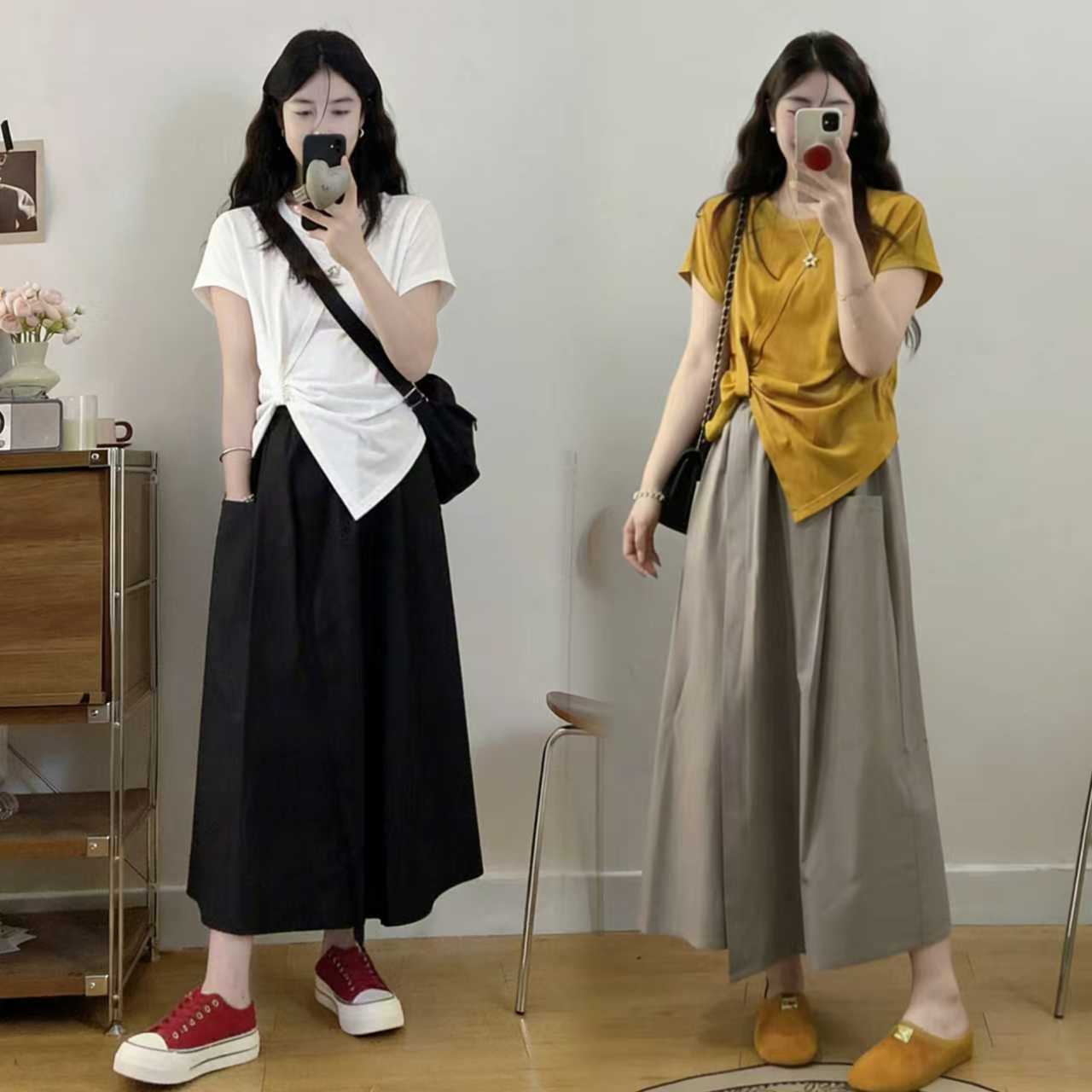 라운드 넥 일방적 인 핀치 Pleat 디자인 센스 티셔츠 슬림해 보이는 패션 불규칙 플러스 캐주얼 다용도 반신 스커트 투피스 세트