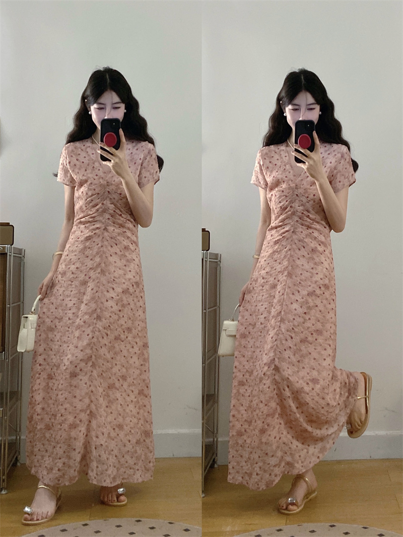 빅 사이즈 프랑스식 품격 허리 수축 슬림해 보이는 홀치기 염색 핑크색 도트 무늬 중간 길이 원 웨이 프릴 드레스 길다 치마