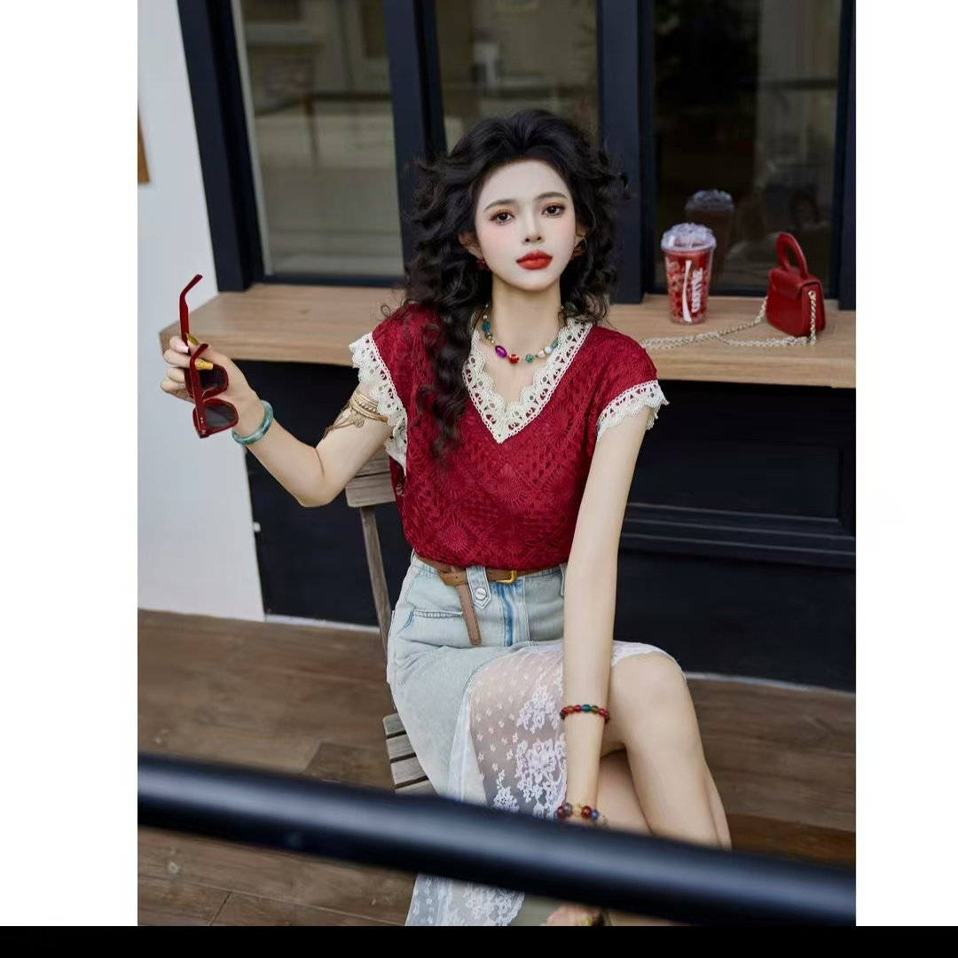 빨간 장미 레트로 항구 바람 홀로우 아웃 디자인 센스 V넥 반팔