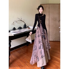 批发实拍~  复古显瘦上衣+不规则文字印花裙裤舞蹈服气质套装