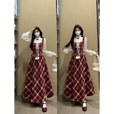 批发实拍~ 假两件蕾丝拼接复古甜美过年 圣诞 喜庆减龄红色格子连衣裙