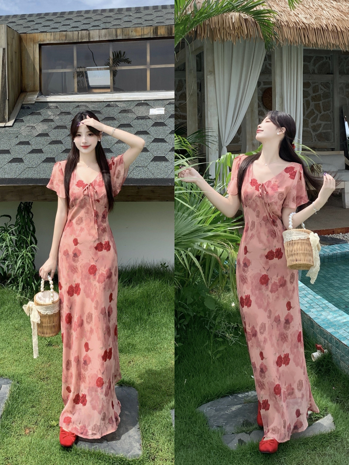 실사 프랑스식 핑크색 장미 꽃무늬 드레스 여름 슈퍼 잘 생긴 V넥 휴가 슬림해 보이는 드레스