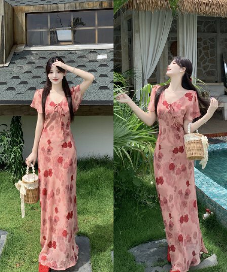 실사 프랑스식 핑크색 장미 꽃무늬 드레스 여름 슈퍼 잘 생긴 V넥 휴가 슬림해 보이는 드레스