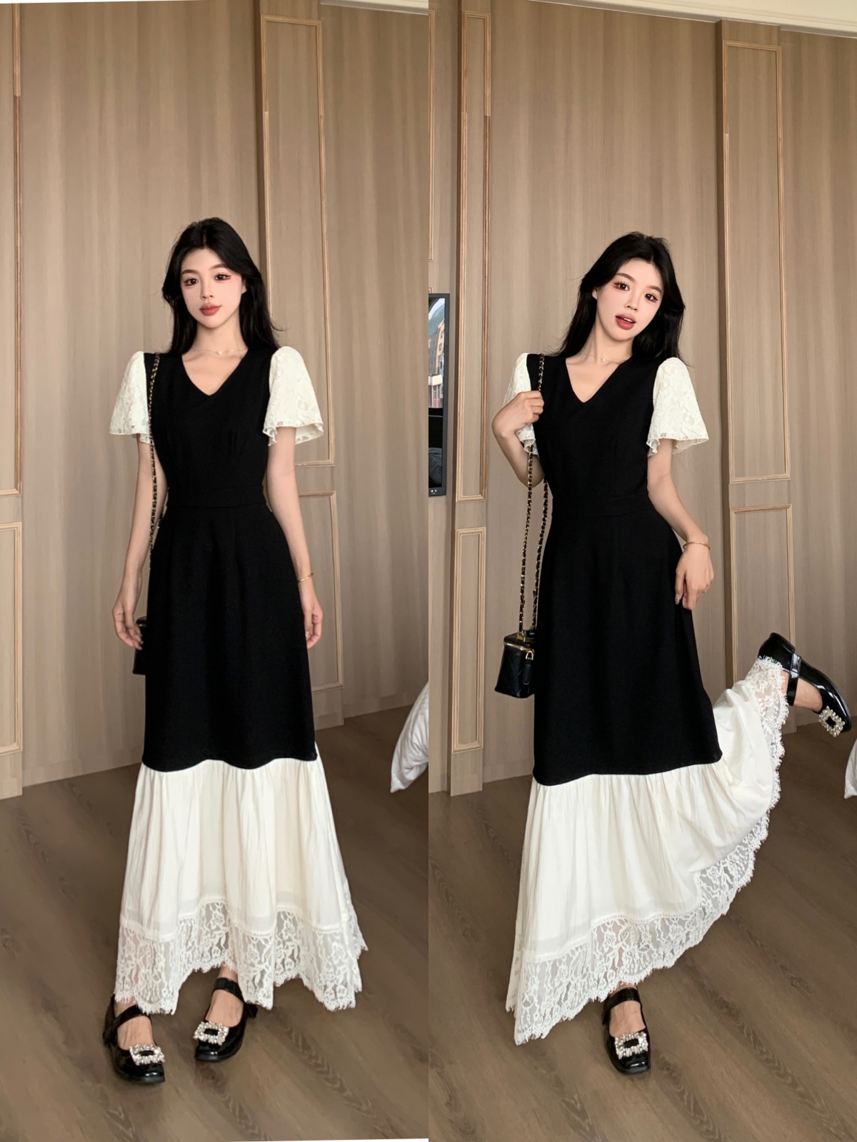 단색 색상 실사 그는 벤 바람 디자인 센스 레이스 조각 미니멀리즘 배색 슬림해 보이는 페이크 레이어드 드레스