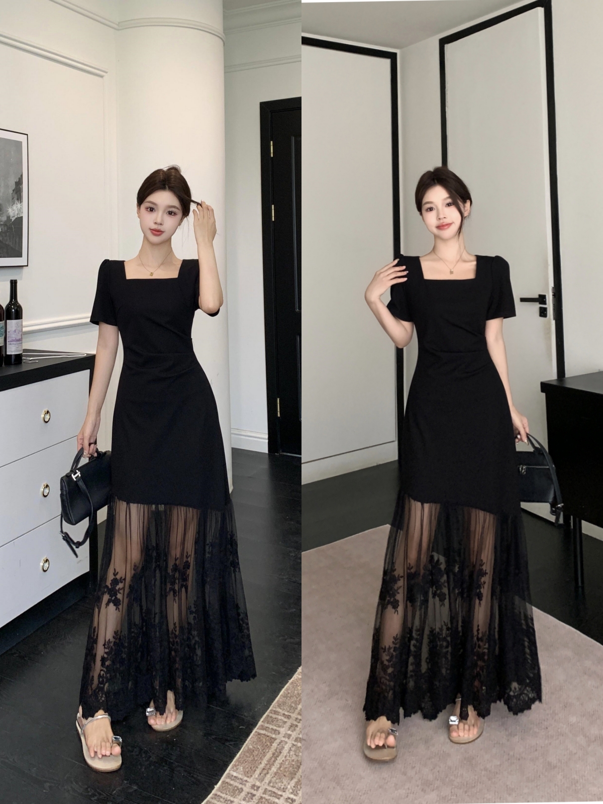 실사 레트로 품격 슬림해 보이는 레이스 조각 반팔 중간 길이 드레스