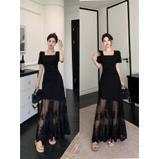 批发实拍  ~ 复古气质显瘦<b class='q'>蕾丝</b>拼接短袖中长款连衣裙