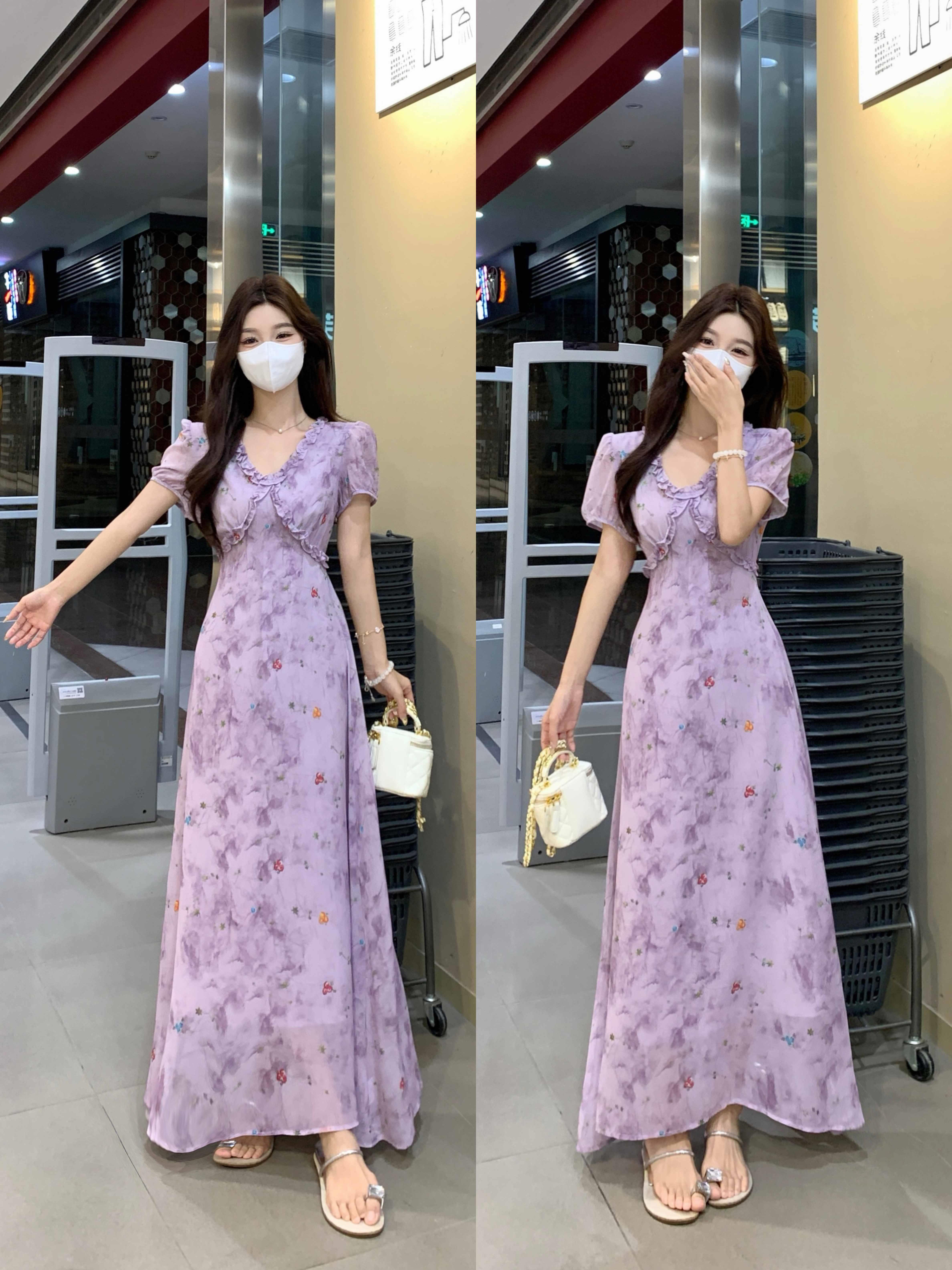 실사 여름 신제품 보라색 쌰 요정 꽃무늬 품격 슬림해 보이는 중간 길이 차 휴식 치마