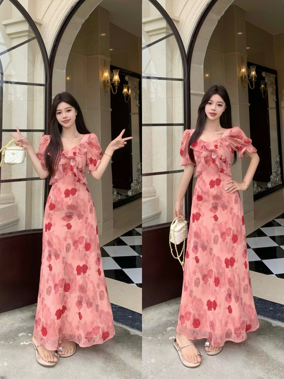 실사 원 웨이 달콤함 프릴 슬림해 보이는 우아함 특별 조정 장미 프린트 중간 길이 드레스