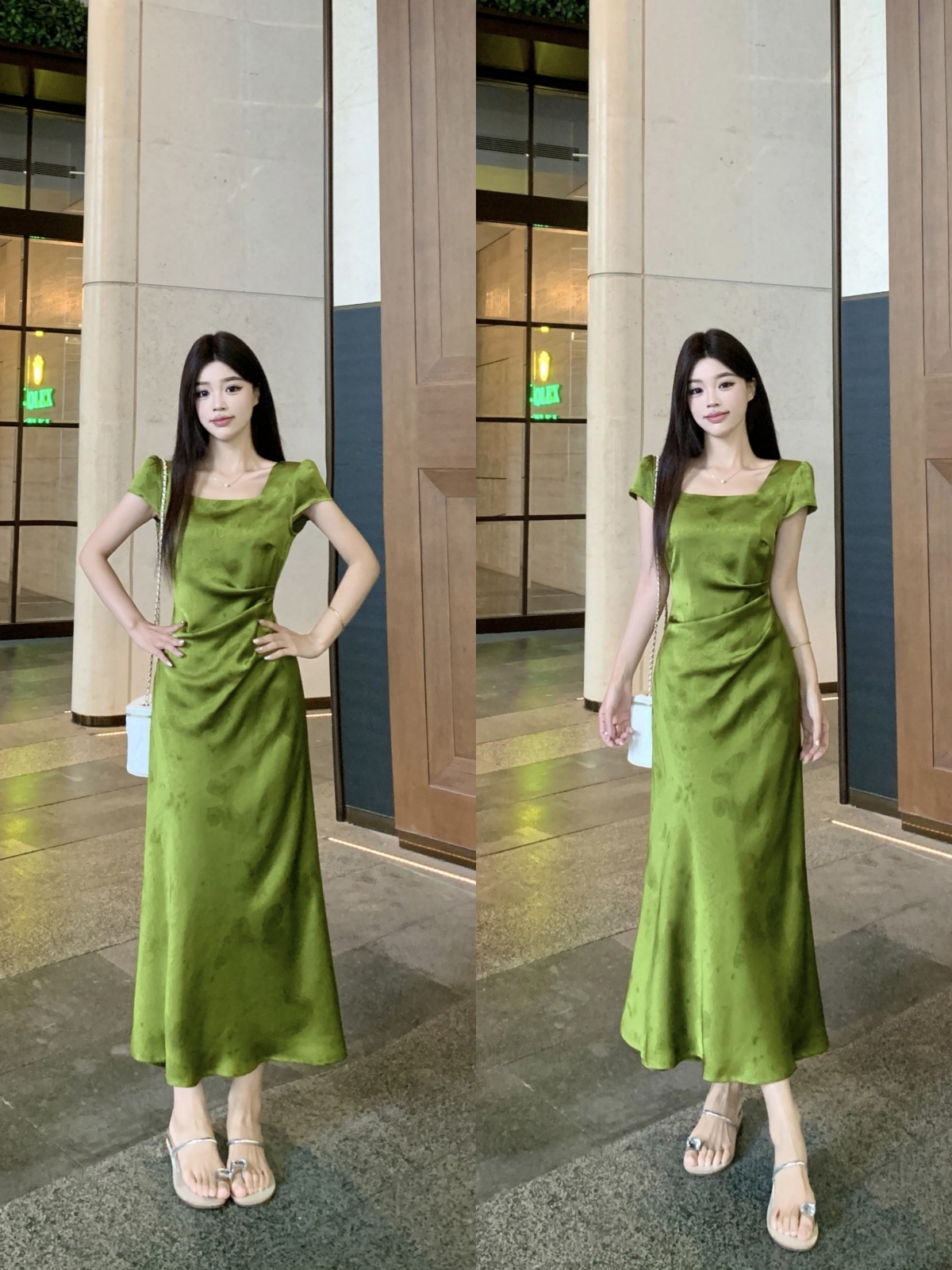 실사 우아함 새틴 자카드 슬림해 보이는 광장 칼라 반팔 중간 길이 개선 국풍 품격 드레스