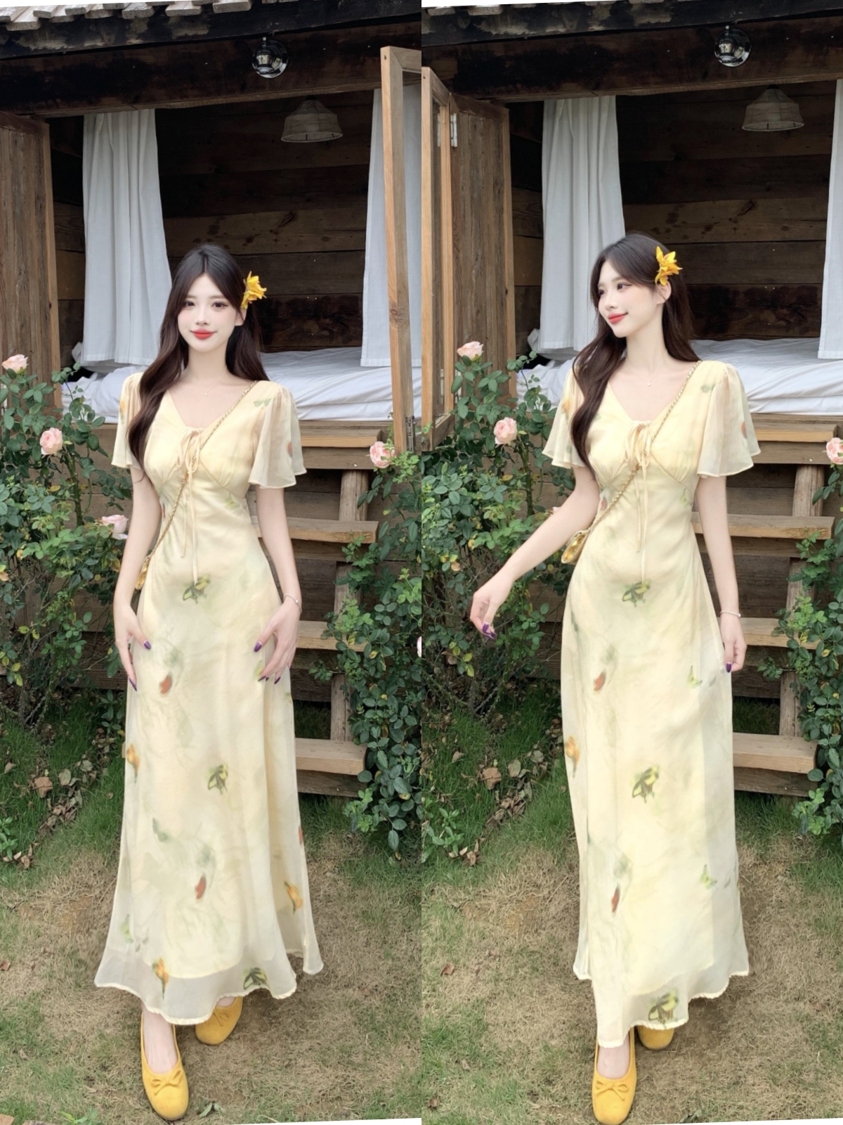 실사 프랑스식 V넥 슬림해 보이는 여성 드레스 품격 슬림해 보이는 부드러운 바람 꽃무늬 Feifei 소매 중간 길이 드레스
