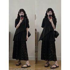 批发实拍 ~ 不规则正肩短袖T恤宽松显瘦百搭+<b class='q'>蕾丝</b>拼接时尚半裙两件套