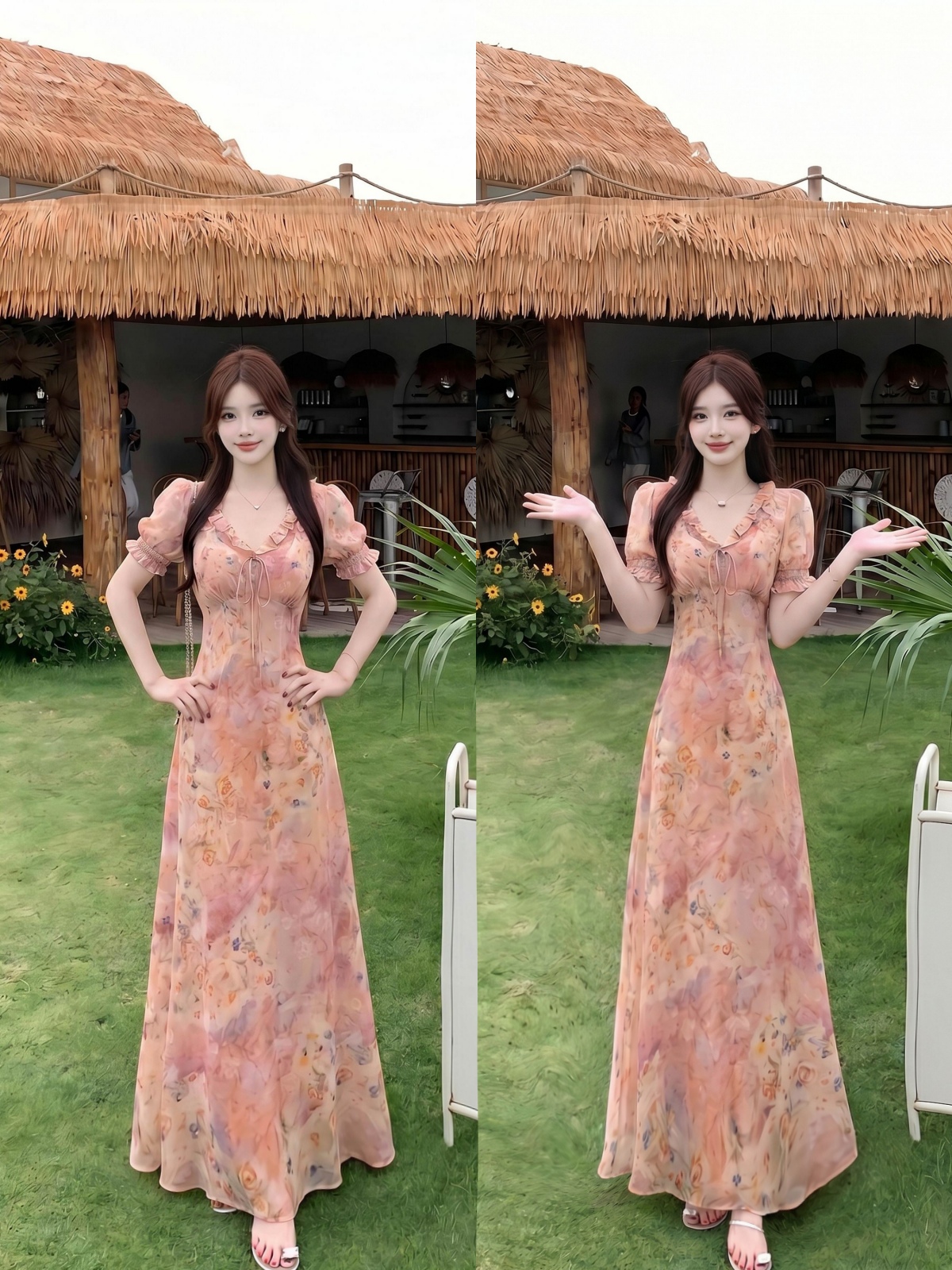 실사 여름 새로운 프릴 허리 수축 슬림해 보이는 연령 감소 프랑스식 부드러운 바람 꽃무늬 드레스