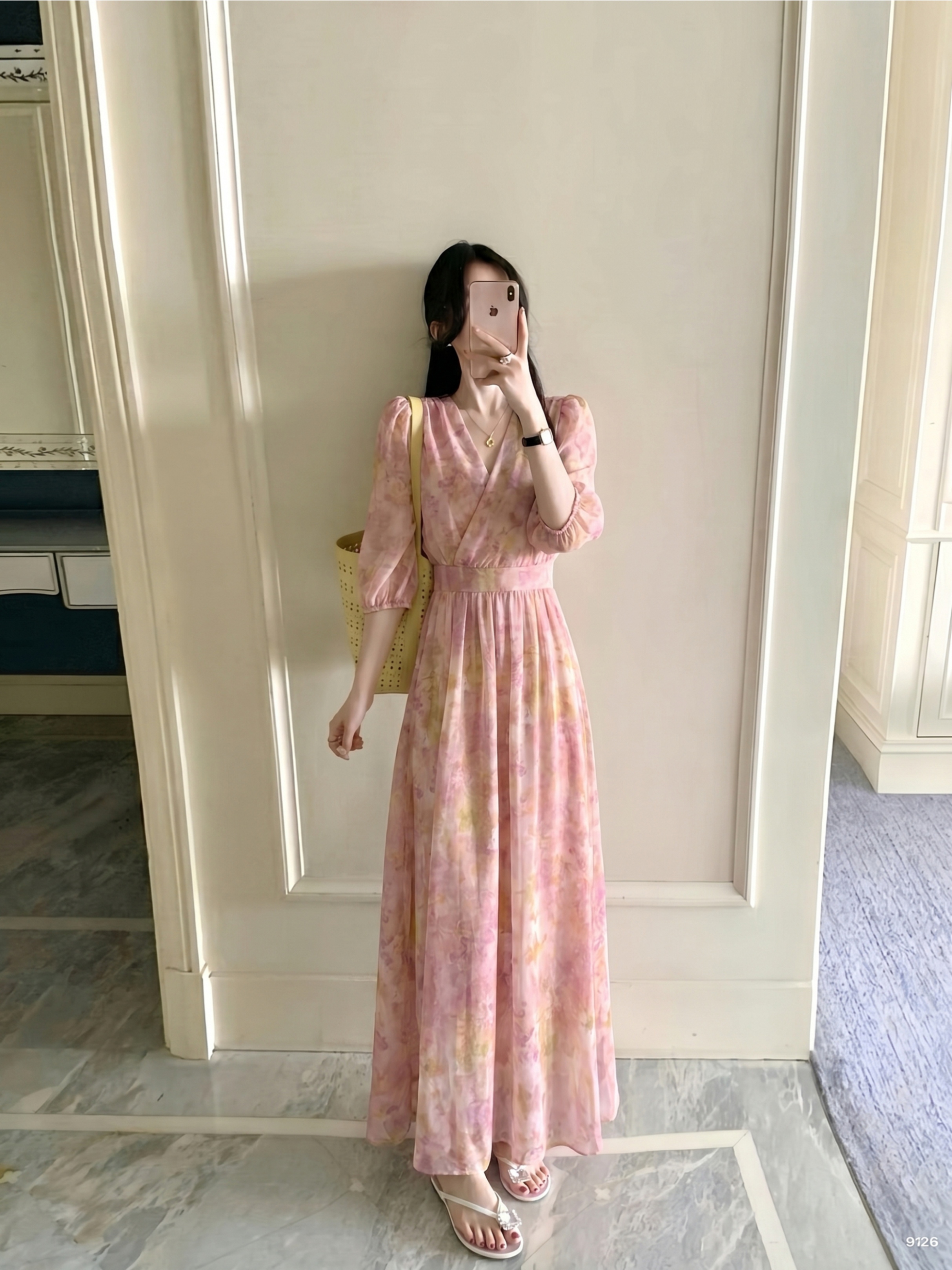 RY7641# 实拍~ 桃粉晕染韩版连衣裙2026新款夏季中长款宽松显瘦度...
