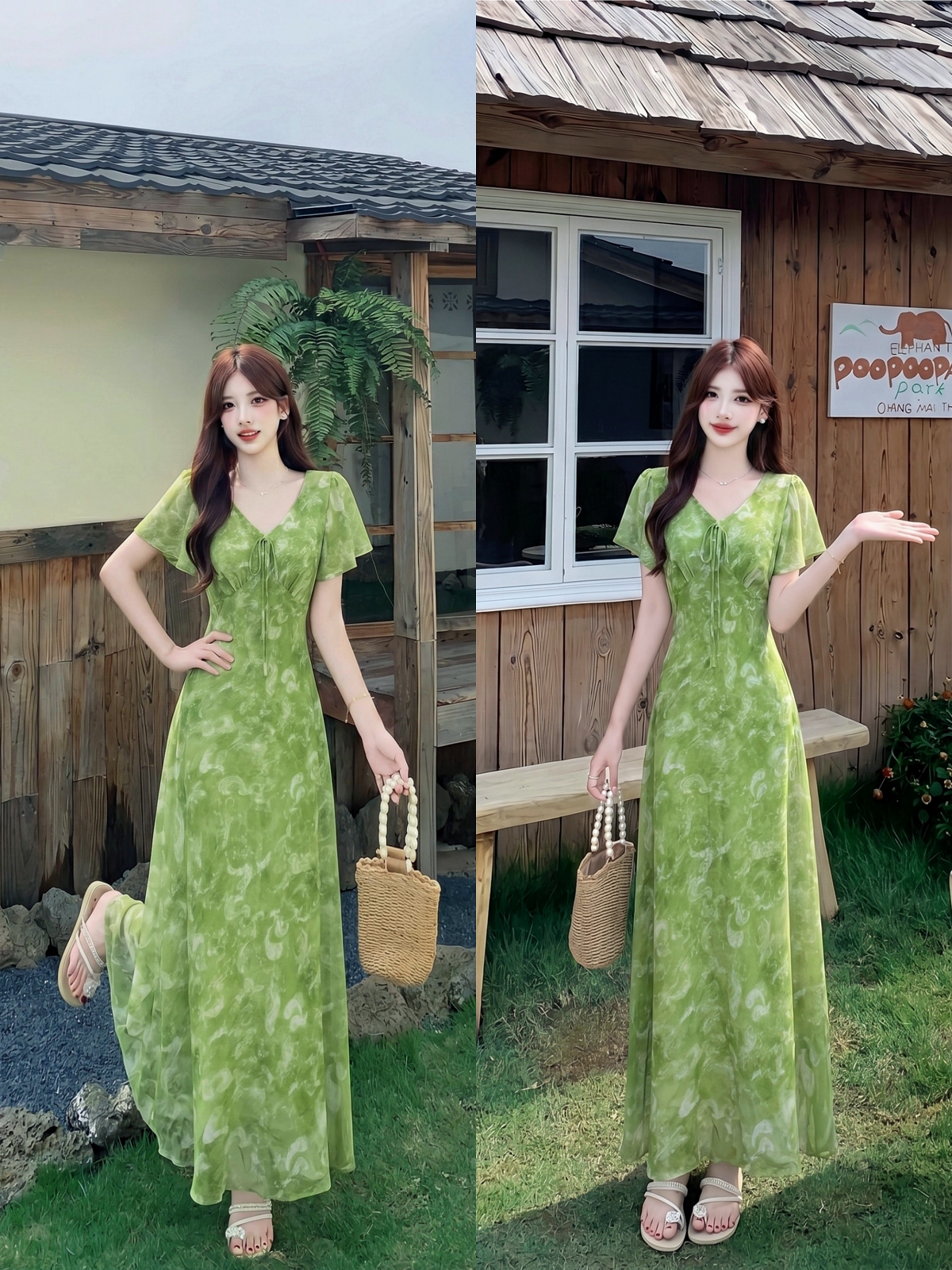 RY7640#  绿色碎花V领晕染连衣裙女夏收腰显瘦飞飞袖中长款连衣裙