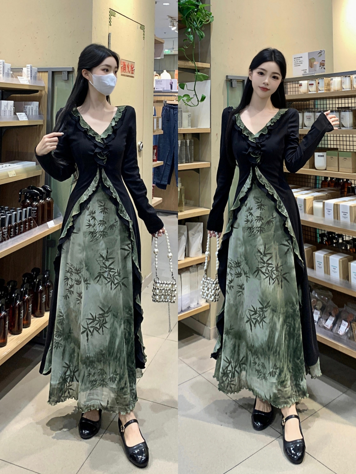 新秋季扎染设计感复古显瘦气质网纱假两件连衣裙 服裝批發女裝批發服飾貨源