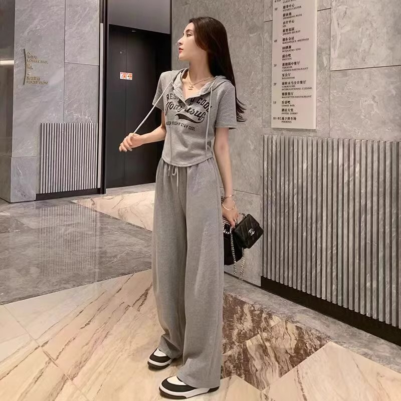 MY11005# 运动休闲套装女夏新微胖妹妹显瘦洋短袖阔腿裤两件套时尚套装女裝貨源服裝批發