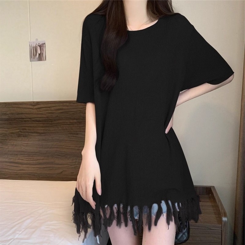 MY10999# 大码女装夏装胖妹妹中长款圆领宽松T恤显瘦纯色百搭针织上衣女裝貨源服裝批發