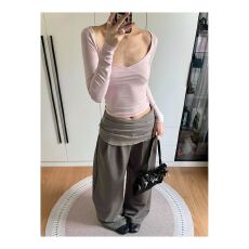 批发美式复古打褶挡胯休闲<b class='q'>裤</b>女秋季新款设计感屁帘拼接弯刀阔腿香蕉<b class='q'>裤</b>