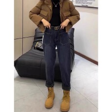 批发2025秋冬<b class='q'>大码</b>女装直筒加绒加厚牛仔裤高腰宽松显瘦时尚老爹哈伦裤