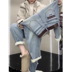 批发秋冬加绒加厚大码胖妹妹高腰显瘦直筒裤梨型身材粗腿宽胯牛仔长裤
