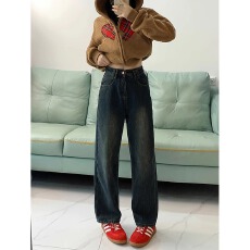 批发秋冬加绒加厚大码胖妹妹高腰显瘦直筒裤梨型身材粗腿宽胯牛仔长裤