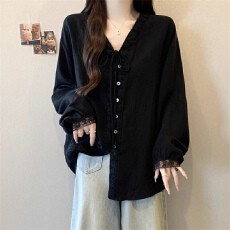 批发大码女装遮肚子蕾丝边V领亚麻衬衫女冬季胖妹妹宽松显瘦长袖上衣