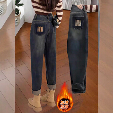 批发直筒<b class='q'>牛仔</b>裤女大码秋冬新款高腰加绒<b class='q'>哈伦</b>休闲宽松显瘦老爹裤子女