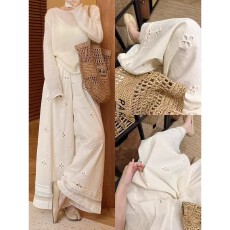 批发夏季<b class='q'>大码</b>韩系加长款镂空蕾丝拼接阔腿<b class='q'>裤</b><b class='q'>高腰</b>宽松设计感阔腿休闲<b class='q'>裤</b>