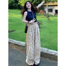 批发<b class='q'>大码</b>复古亚麻波点休闲<b class='q'>裤</b>夏薄款高腰宽松显瘦韩系棉麻直筒阔腿长<b class='q'>裤</b>