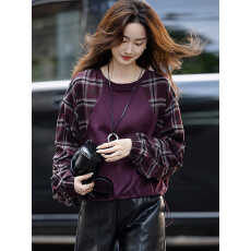 批发德玛<b class='q'>纳</b>复古格<b class='q'>纹</b>拼接卫衣女25秋季新款圆领抽绳下摆松弛感休闲上衣