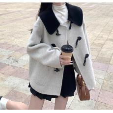 批发法式娃娃领小香风羊毛大衣女<b class='q'>短</b>款2025冬季新款小个子牛角扣双面呢