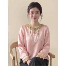 批发新中式女装粉色国风重工刺绣缎面衬衫26年春<b class='q'>唐装</b>改良<b class='q'>汉服</b>小衫上衣