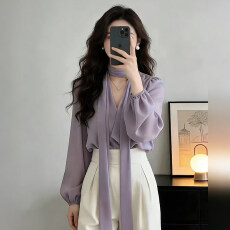 批发2026新款女装优雅V领飘带小衫搭百搭<b class='q'>长袖</b>衫