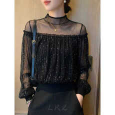 批发复古黑色网纱拼接亮片衬衫女春季新款设计感一字肩灯笼袖<b class='q'>长袖</b>上衣