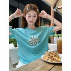 批发韩系青蓝色圆领短袖t恤女夏季<b class='q'>宽松</b>显瘦半袖设计感新款<b class='q'>上衣</b>