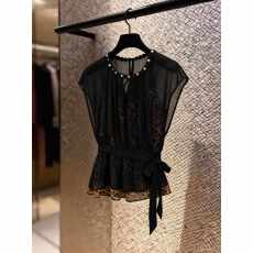 批发轻熟风黑色短袖收腰绑带上衣女通勤显瘦设计感<b class='q'>衬衫</b>超好看时尚别致