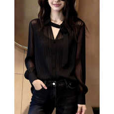 批发法式黑色飘带V领衬衫<b class='q'>女</b>2026春季<b class='q'>新款</b>洋气减龄宽松显瘦设计感上衣