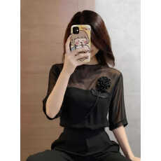 批发法式新款网纱拼接设计感立体花朵t恤春季显瘦时尚百搭<b class='q'>短袖</b>上衣<b class='q'>女</b>