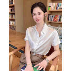 批发重磅35姆米<b class='q'>缎面</b>真丝短袖衬衫女夏季白色不透高端上衣