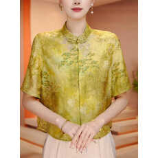 批发杭州高端真丝衬衫女士短袖小衫新中式国风印花时尚上衣