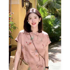 批发时尚百搭新中式国风斜襟立领短袖2026夏季薄款气质减龄短袖上衣女