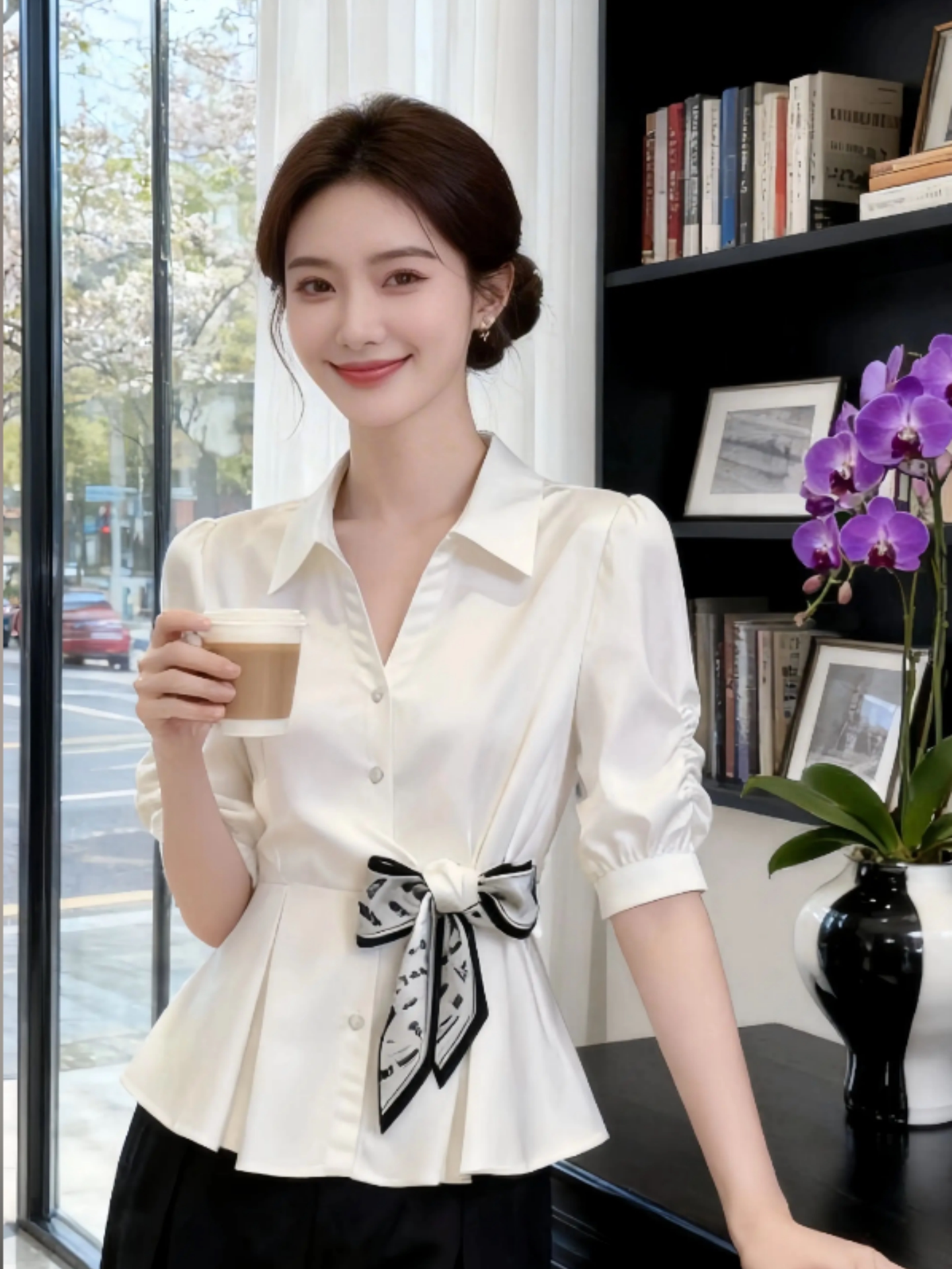 부드러운 화이트 거품 소매 나비 매듭 여성 셔츠 여름 스트랩 디자인 센스 품격 허리 수축 슬림해 보이는 연령 감소 맨위