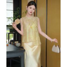 批发新中式天丝织金刺绣马甲女原创非遗金线提花上衣