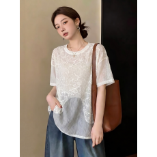 批发假两件网纱雪纺正肩短袖T恤女2026夏季新款大码<b class='q'>胖</b><b class='q'>mm</b>洋气减龄上衣